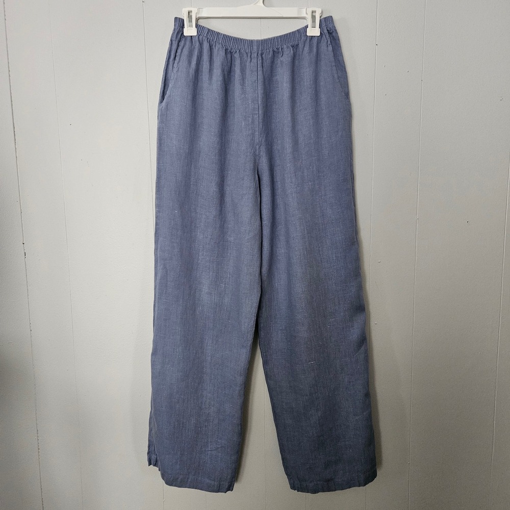 Linen Straight Leg Pants Womens Medium Elastic Waist Pockets Sustainable